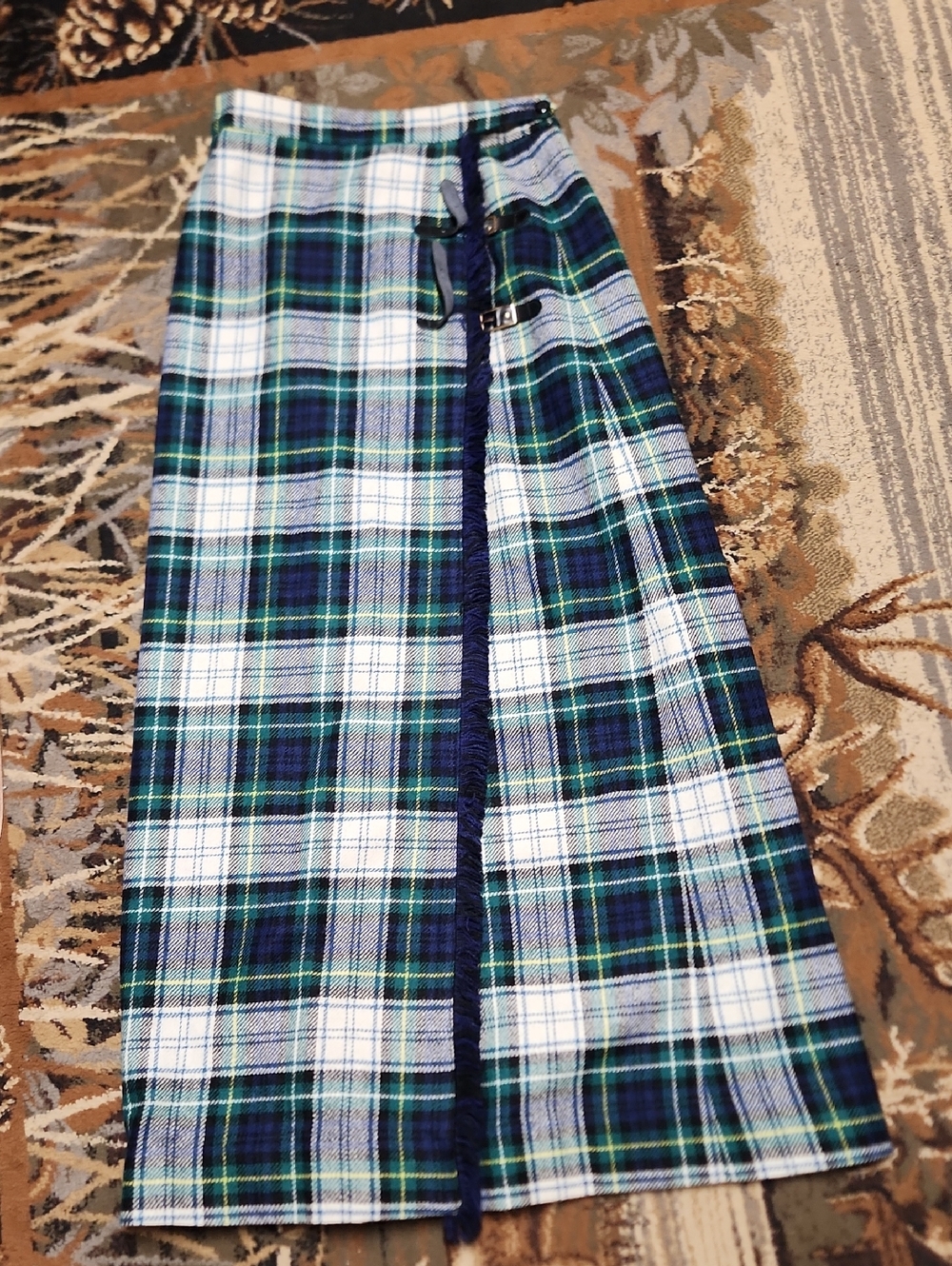 Eddie Bauer Navy, Green and White Plaid Wrap Maxi Skirt